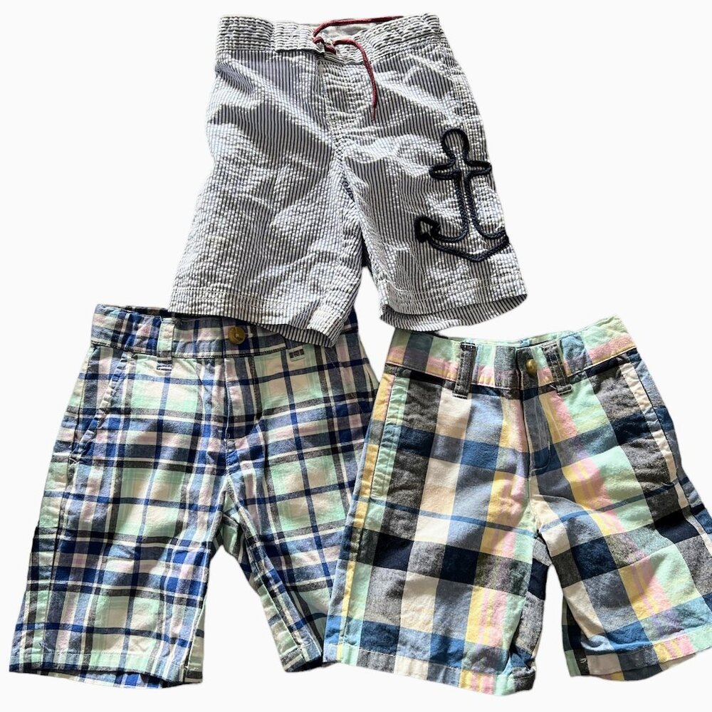 Janie and Jack 3T Boys' Summer Bundle – 2 Plaid Shorts + Seersucker Swim Trunks